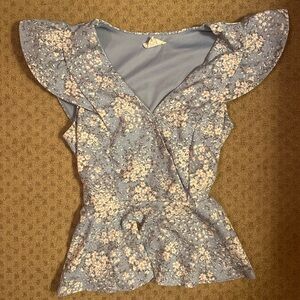 Elegant Blue Floral Ruffle Blouse